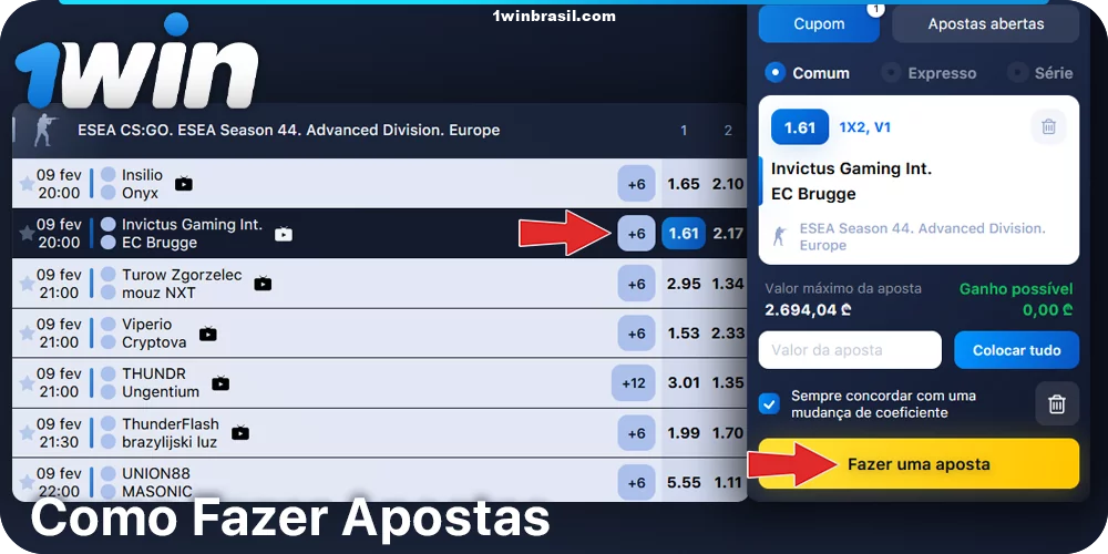 Instruções passo a passo sobre como apostar no eSports a 1Win