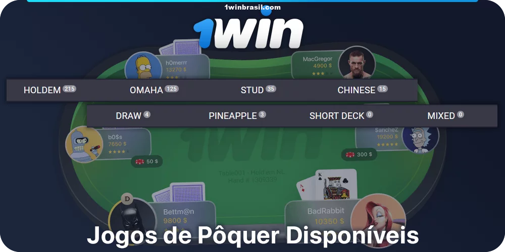 Jogos de pôquer disponíveis no lobby de pôquer 1Win