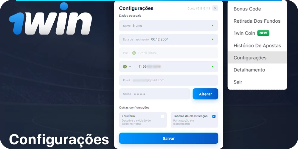 1Win seção Configurações